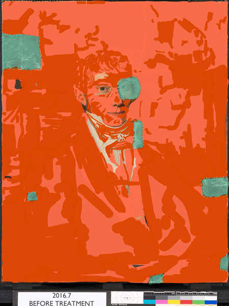 This diagram maps the distribution of overpaint (paint touch-ups added later) on the surface of the portrait when it arrived at Winterthur. As the red and pink areas show, approximately 90 percent of the surface consisted of overpaint (the blue spots were cleaning tests). Photo, Matthew Cushman.